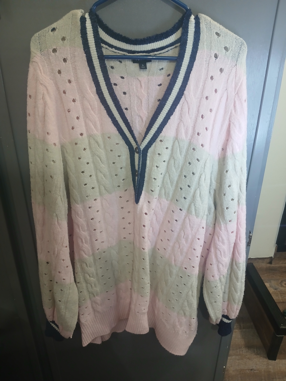 torrid Pink, Cream and Navy Colorblock Holey V-Neck Sweater